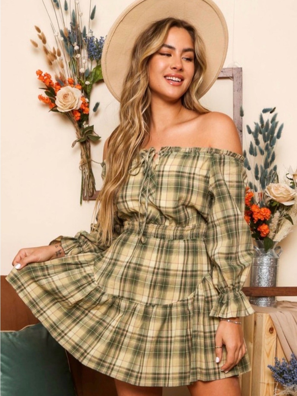 Off-Shoulder Green Plaid Smock Dress